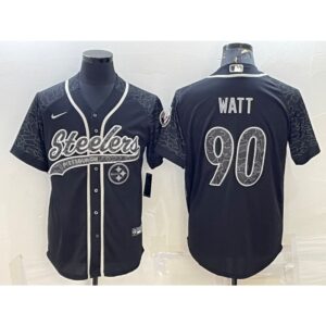 6861b898a478e_1 Men's Pittsburgh Steelers #90 T.J. Watt Black Reflective With Patch Cool Base Stitched Baseball Jersey