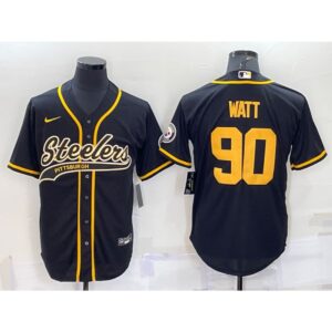 6861b89f4fc4f_1 Men's Pittsburgh Steelers #90 T.J. Watt Black Gold With Patch Cool Base Stitched Baseball Jersey