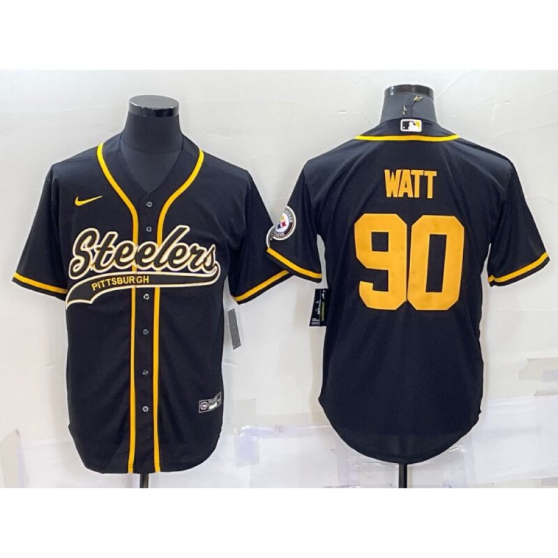 6861b89f4fc4f_1 Men's Pittsburgh Steelers #90 T.J. Watt Black Gold With Patch Cool Base Stitched Baseball Jersey