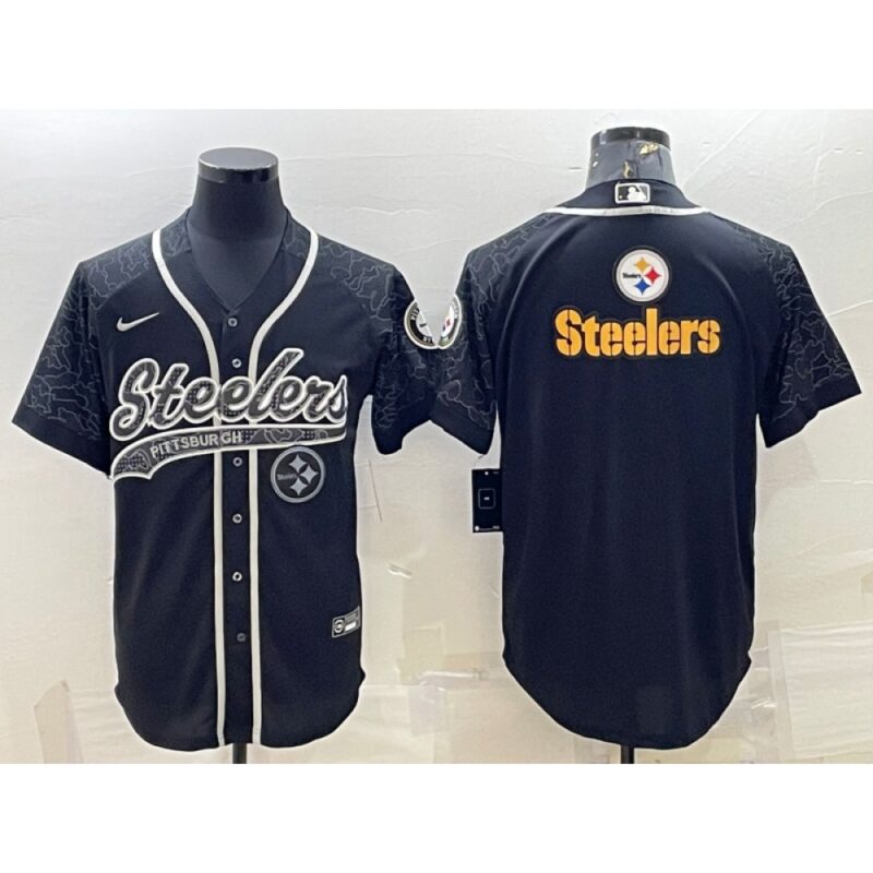 6861b8a62b2a6_1 Men's Pittsburgh Steelers Black Reflective Team Big Logo With Patch Cool Base Stitched Baseball Jersey
