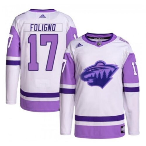 6861bb5b47132_1 Men's Minnesota Wild #17 Marcus Foligno Green 2022 White/Purple Stitched Jersey