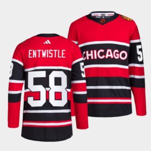 6861bb6bae93b_1 Men's Chicago Blackhawks #58 MacKenzie Entwistle Red Black 2022-23 Reverse Retro Stitched Jersey