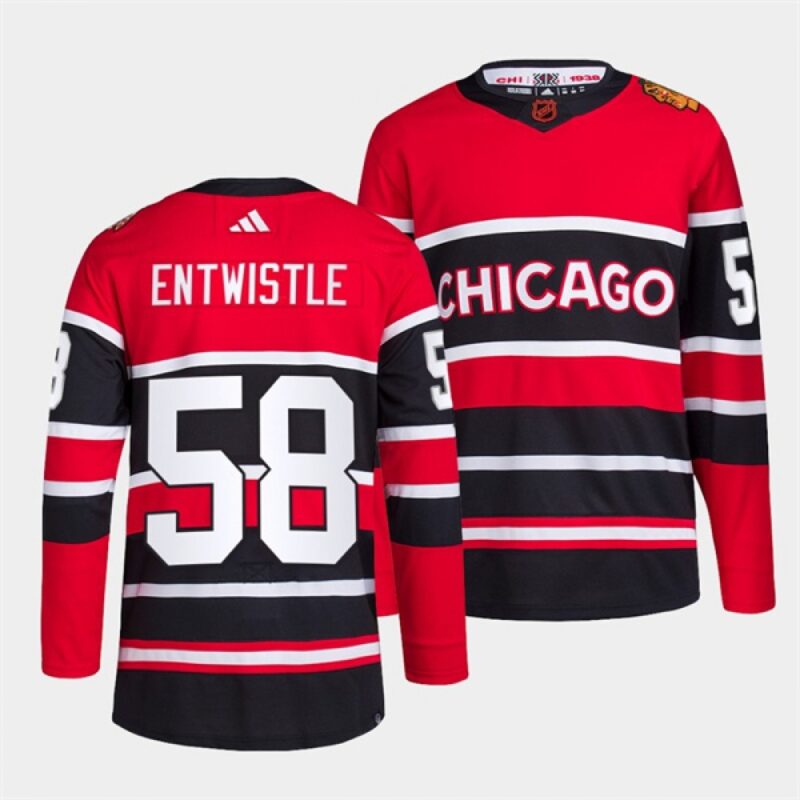 6861bb6bae93b_1 Men's Chicago Blackhawks #58 MacKenzie Entwistle Red Black 2022-23 Reverse Retro Stitched Jersey