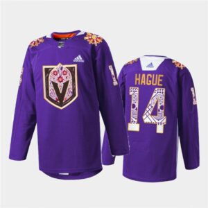 6861bf15bccda_1 Men's Vegas Golden Knights #14 Nicolas Hague Purple Hispanic Heritage Warmup Stitched Jersey