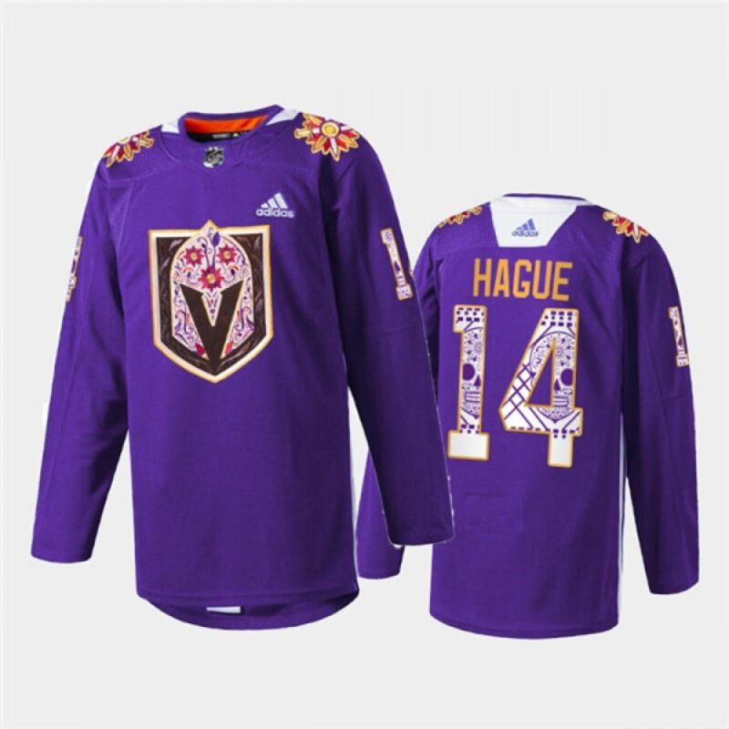6861bf15bccda_1 Men's Vegas Golden Knights #14 Nicolas Hague Purple Hispanic Heritage Warmup Stitched Jersey