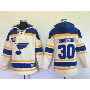 6861bf581a281_1 Blues #30 Martin Brodeur Cream Sawyer Hooded Sweatshirt Stitched NHL Jersey