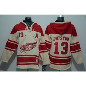 6861bf966786b_1 Red Wings #13 Pavel Datsyuk Cream Sawyer Hooded Sweatshirt Stitched NHL Jersey
