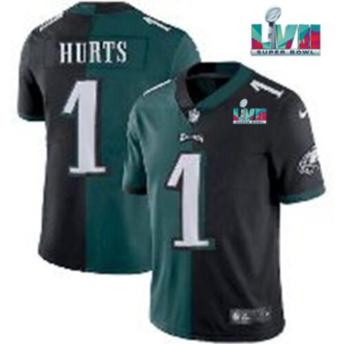 6861c18f20804_1 Men's Philadelphia Eagles #1 Jalen Hurts Black & Green Split Super Bowl LVII Patch Limited Stitched Jersey