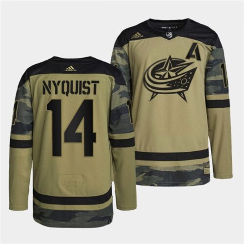 6861c261990d7_1 Men's Columbus Blue Jackets #14 Gustav Nyquist 2022 Camo Military Appreciation Night Stitched Jersey