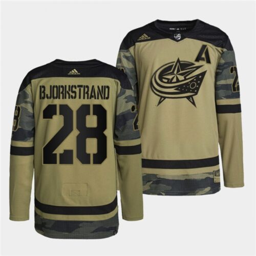 6861c26911092_1 Men's Columbus Blue Jackets #28 Oliver Bjorkstrand 2022 Camo Military Appreciation Night Stitched Jersey