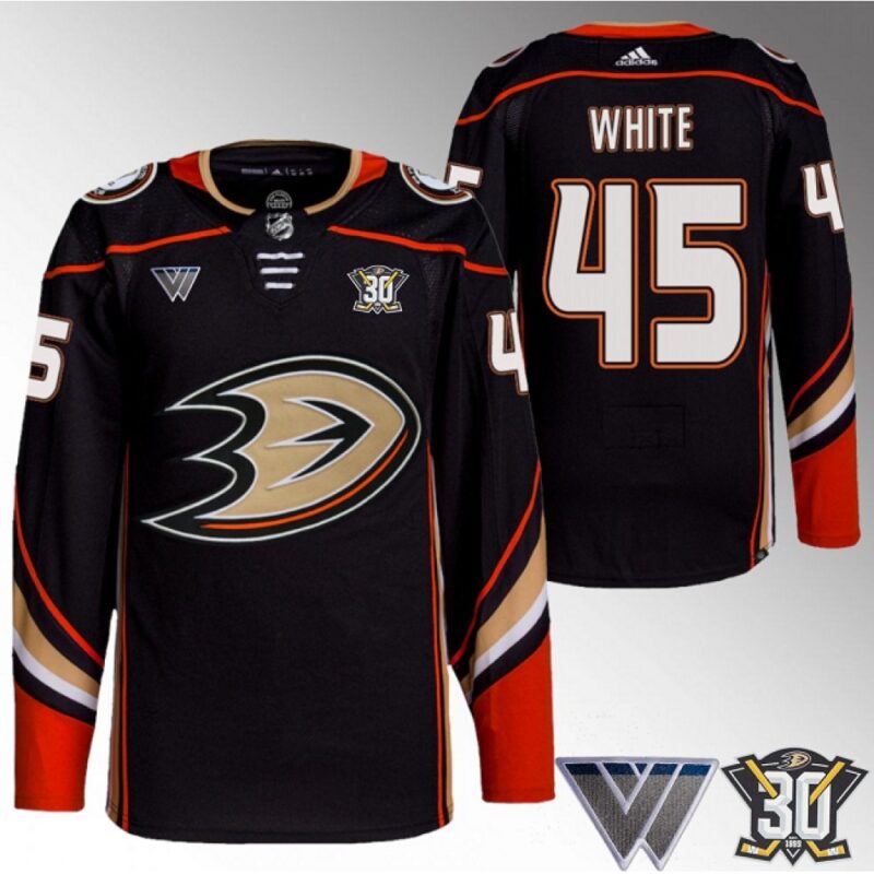 6861c41a21a12_1 Men's Anaheim Ducks #45 Colton White Black 30th Anniversary Stitched Jersey