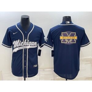6861c7218e546_1 Men's Michigan Wolverines Navy Team Big Logo With Patch Cool Base Stitched Baseball Jersey