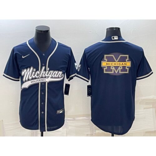 6861c7218e546_1 Men's Michigan Wolverines Navy Team Big Logo With Patch Cool Base Stitched Baseball Jersey
