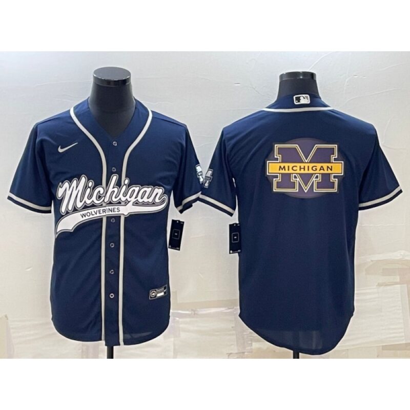 6861c7218e546_1 Men's Michigan Wolverines Navy Team Big Logo With Patch Cool Base Stitched Baseball Jersey
