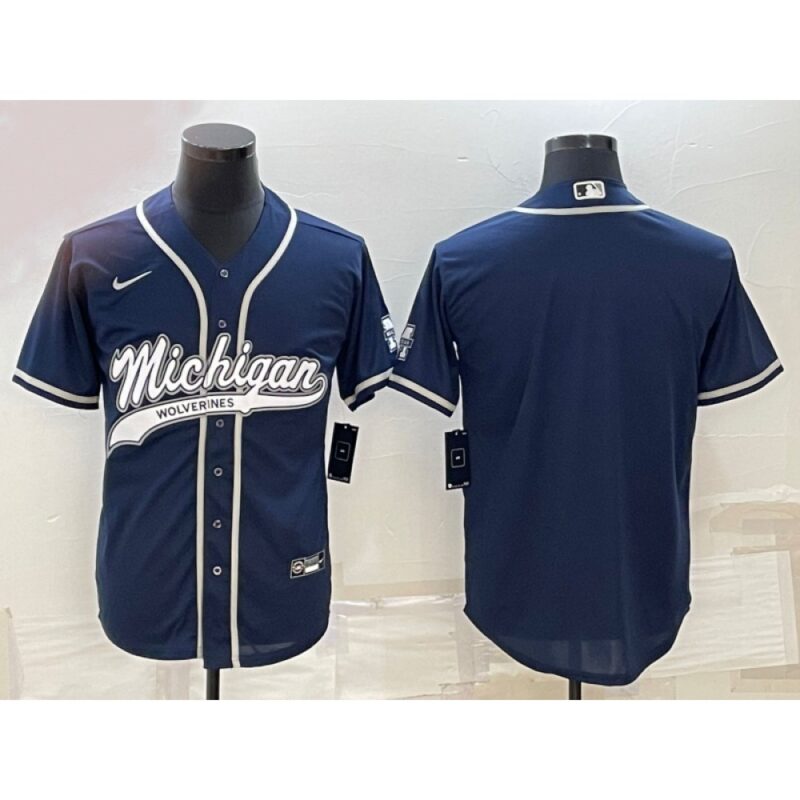 6861c7249168e_1 Men's Michigan Wolverines Blank Navy With Patch Cool Base Stitched Baseball Jersey