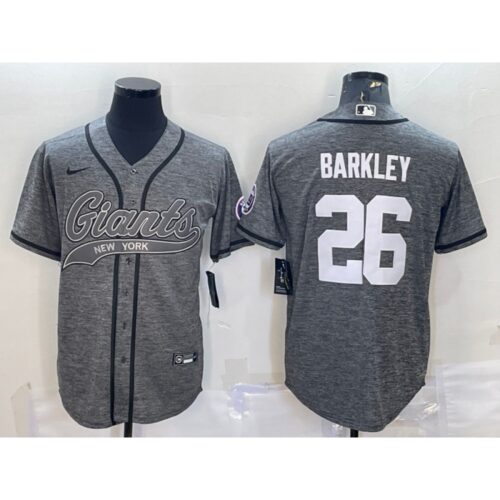 6861c8d23f505_1 Men's New York Giants #26 Saquon Barkley Grey With Patch Cool Base Stitched Baseball Jersey