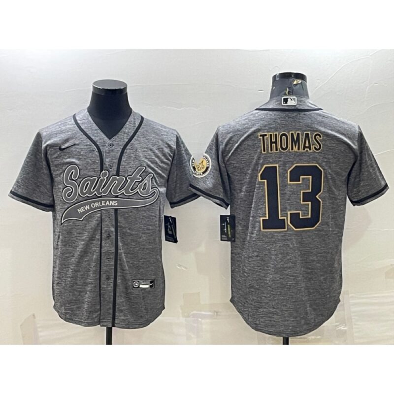 6861cd19525ea_1 Men's New Orleans Saints #13 Michael Thomas Grey With Patch Cool Base Stitched Baseball Jersey
