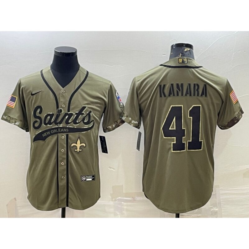 6861cd523046a_1 Men's New Orleans Saints #41 Alvin Kamara Olive 2022 Salute To Service Cool Base Stitched Baseball Jersey