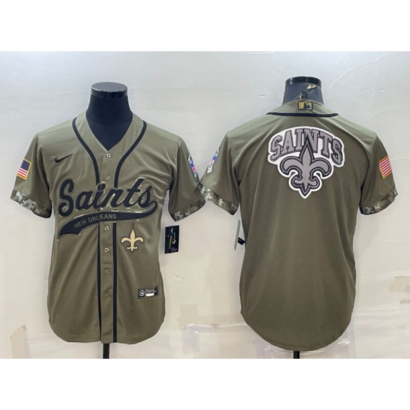 6861cd55749e9_1 Men's New Orleans Saints Olive 2022 Salute To Service Team Big Logo Cool Base Stitched Baseball Jersey 001