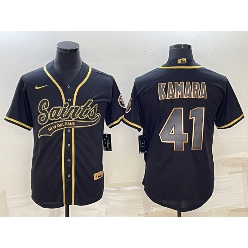 6861cf07d5957_1 Men's New Orleans Saints #41 Alvin Kamara Black Gold With Patch Cool Base Stitched Baseball Jersey