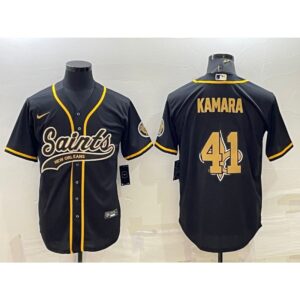 6861cf0e72f06_1 Men's New Orleans Saints #41 Alvin Kamara Black Team Big Logo With Patch Cool Base Stitched Baseball Jersey