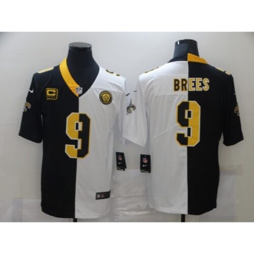 6861cf551665c_1 Men's New Orleans Saints #9 Drew Brees Black White Split With C Patch Stitched Jersey