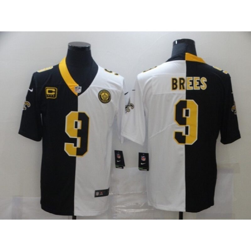 6861cf551665c_1 Men's New Orleans Saints #9 Drew Brees Black White Split With C Patch Stitched Jersey