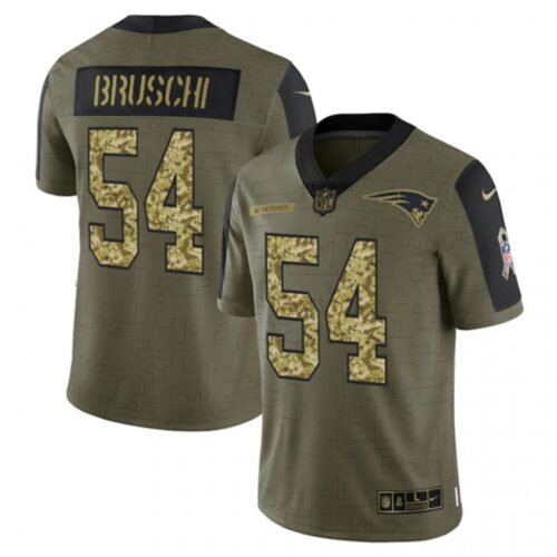 Men's New England Patriots #54 Tedy Bruschi 2021 Olive Camo Salute To Service Limited Stitched Jersey