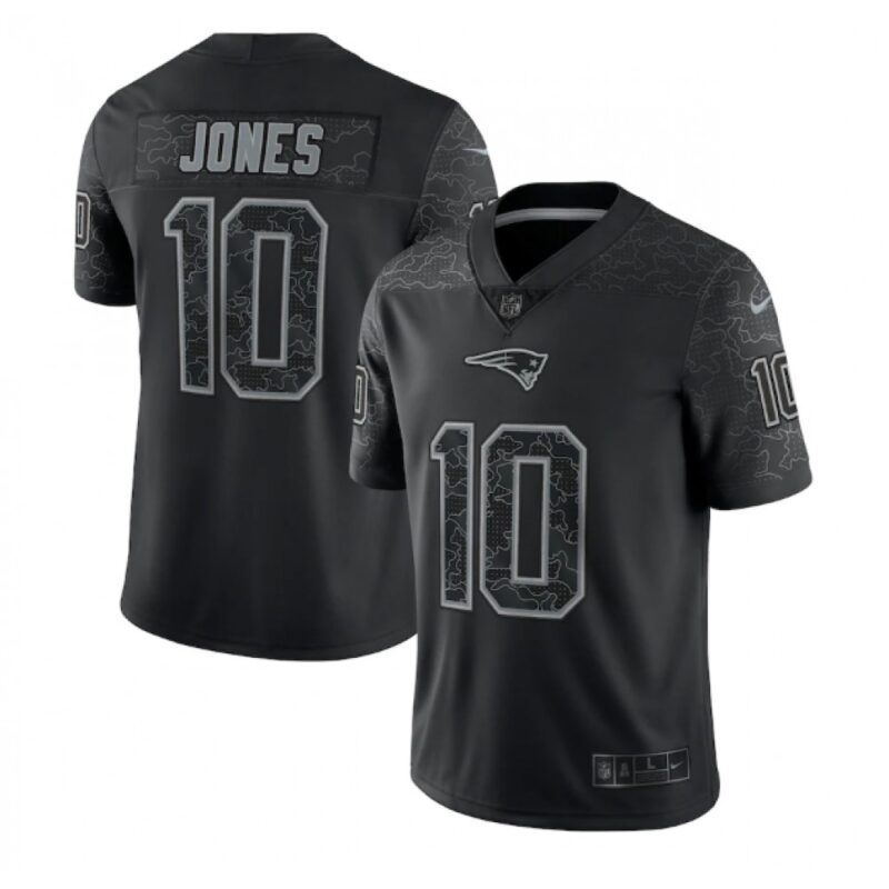 6861d535b9683_1 Men's New England Patriots #10 Mac Jones Black Reflective Limited Stitched Football Jersey