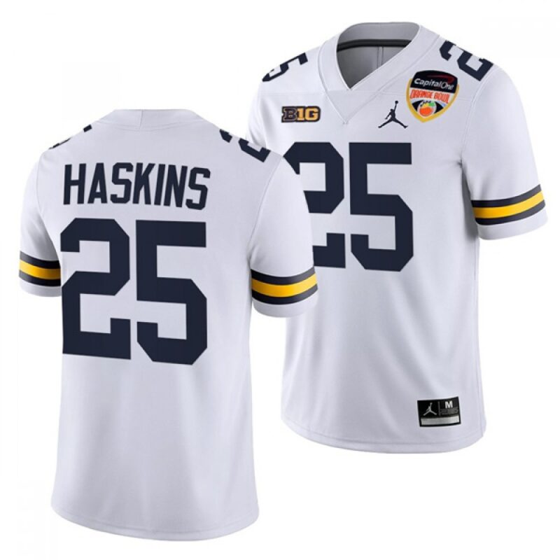 6861d5b157fe5_1 Men's Michigan Wolverines #25 Hassan Haskins White Stitched Football Jersey