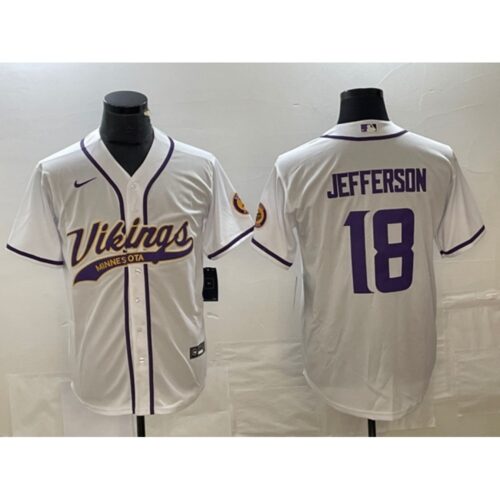 6861d63000c18_1 Men's Minnesota Vikings #18 Justin Jefferson White Cool Base Stitched Baseball Jersey