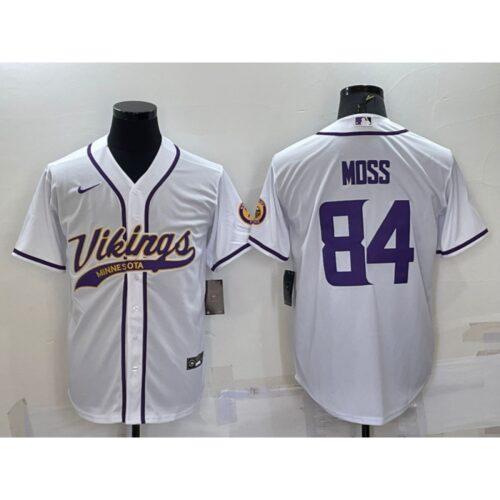 6861d639c1808_1 Men's Minnesota Vikings #84 Randy Moss White With Patch Cool Base Stitched Baseball Jersey