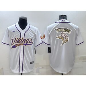 6861d63d27358_1 Men's Minnesota Vikings White Team Big Logo With Patch Cool Base Stitched Baseball Jersey
