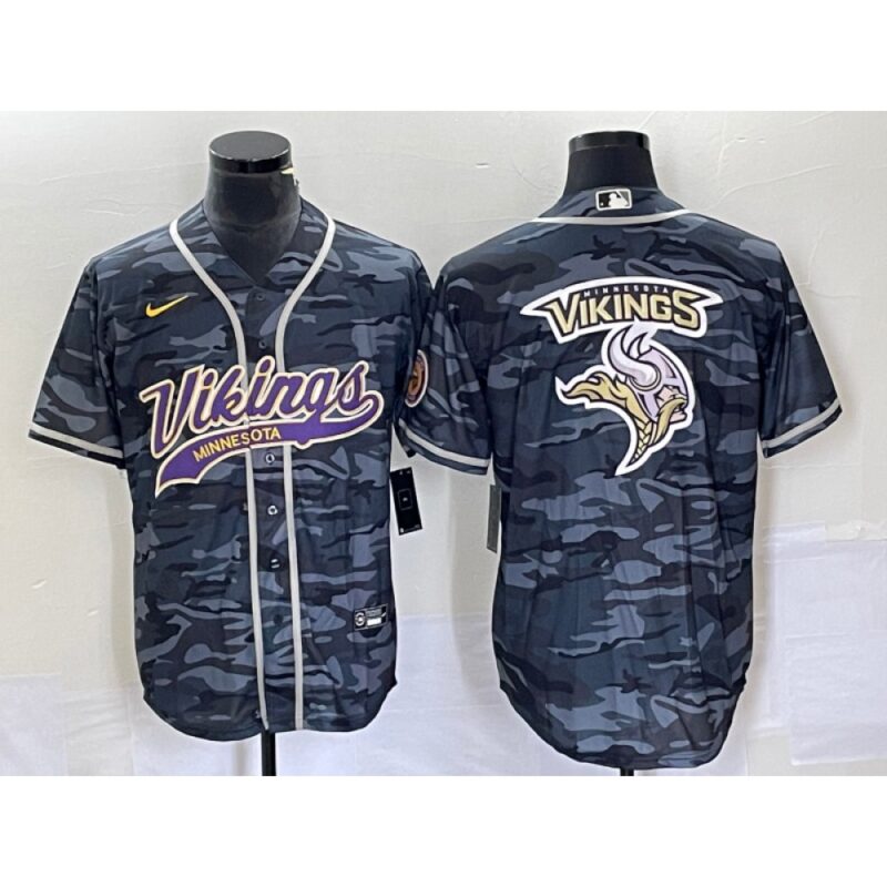 6861d87164ed7_1 Men's Minnesota Vikings Grey Camo Team Big Logo Cool Base Stitched Baseball Jersey