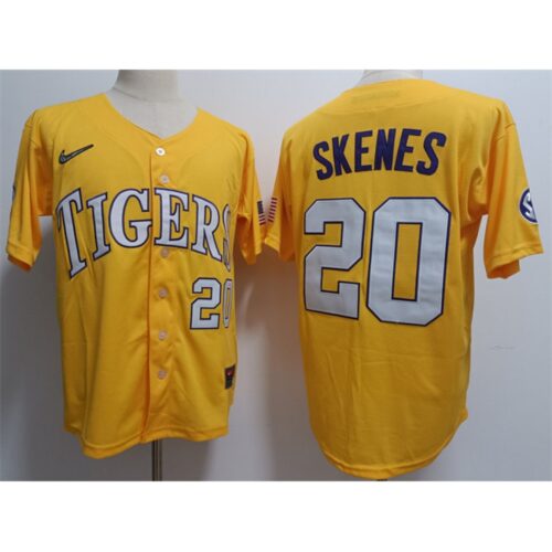 6861d8f128150_1 Men's LSU Tigers #20 Paul Skenes Gold 2023 Stitched Baseball Jersey