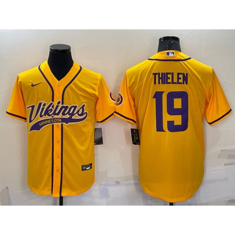 6861dbf0df20f_1 Men's Minnesota Vikings #19 Adam Thielen Gold With Patch Cool Base Stitched Baseball Jersey