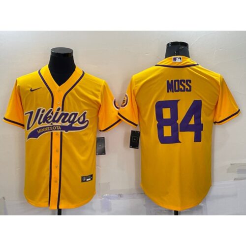6861dbf4457c7_1 Men's Minnesota Vikings #84 Randy Moss Gold With Patch Cool Base Stitched Baseball Jersey
