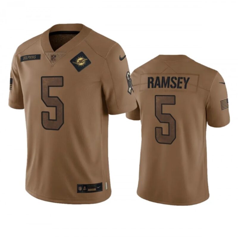 6861dd447f5fb_1 Men's Miami Dolphins #5 Jalen Ramsey 2023 Brown Salute To Service Limited Stitched Football Jersey