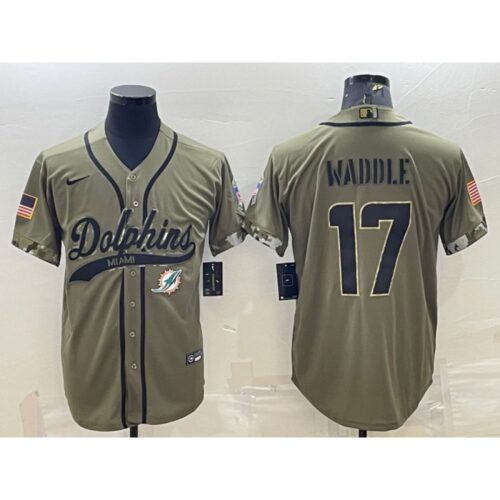 6861ddb8d6a6c_1 Men's Miami Dolphins #17 Jaylen Waddle Olive 2022 Salute To Service Cool Base Stitched Baseball Jersey