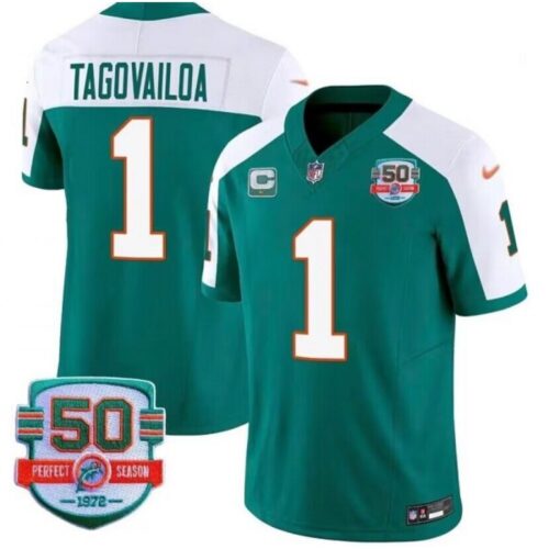 6861df85d4f76_1 Men's Miami Dolphins #1 Tua Tagovailoa Aqua White 2023 F.U.S.E With 1-star C Patch And 50th Perfect Season Patch Vapor Limited Stitched Football Jersey