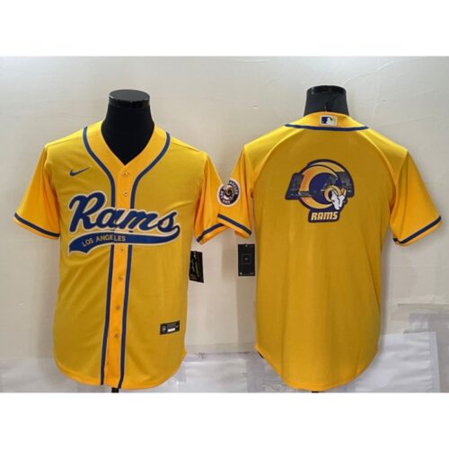 6861e037930fa_1 Men's Los Angeles Rams Yellow Team Big Logo With Patch Cool Base Stitched Baseball Jersey