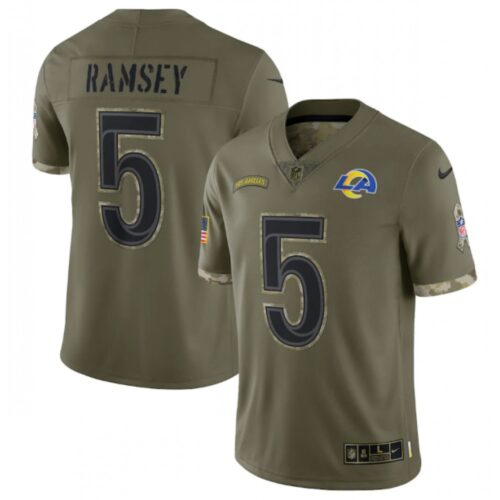 6861e0723617a_1 Men's Los Angeles Rams #5 Jalen Ramsey Olive 2022 Salute To Service Limited Stitched Jersey