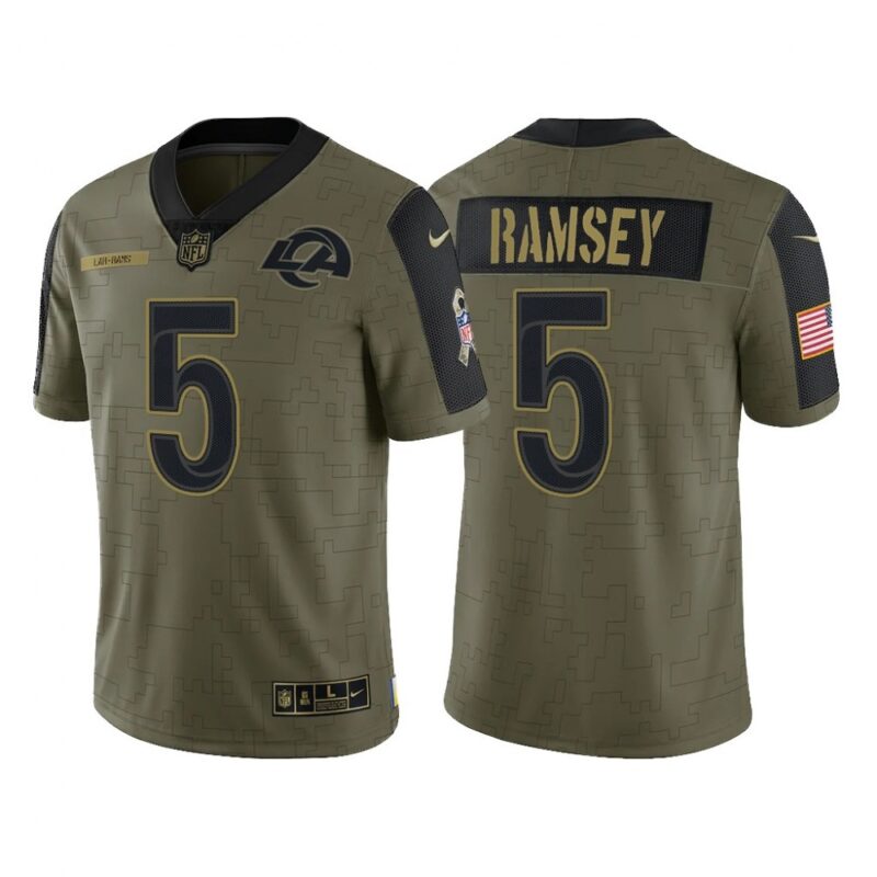 6861e0755a316_1 Men's Los Angeles Rams #5 Jalen Ramsey 2021 Olive Salute To Service Limited Stitched Jersey