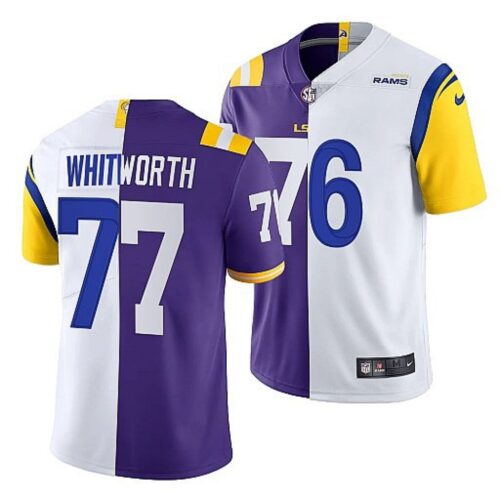 6861e0a8ddd3c_1 Men's Los Angeles Rams X LSU Tigers #77 Matthew Stafford Purple/White Split Stitched Jersey