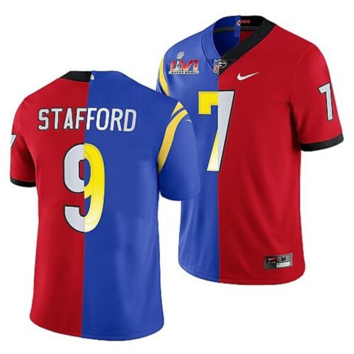 6861e0b9ec839_1 Men's Los Angeles Rams X Georgia Bulldogs #9 Matthew Stafford Red/Royal Split Super Bowl LVI Stitched Jersey