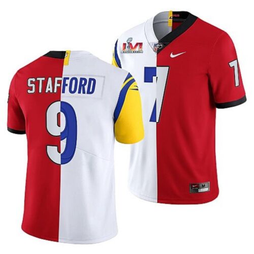 6861e0bd6c96d_1 Men's Los Angeles Rams X Georgia Bulldogs #9 Matthew Stafford Red/White Split Super Bowl LVI Stitched Jersey