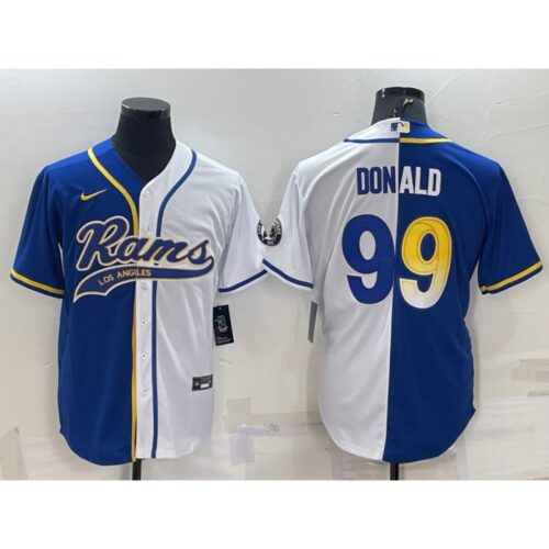 6861e0cad072f_1 Men's Los Angeles Rams #99 Aaron Donald Royal/White Split With Patch Cool Base Stitched Baseball Jersey