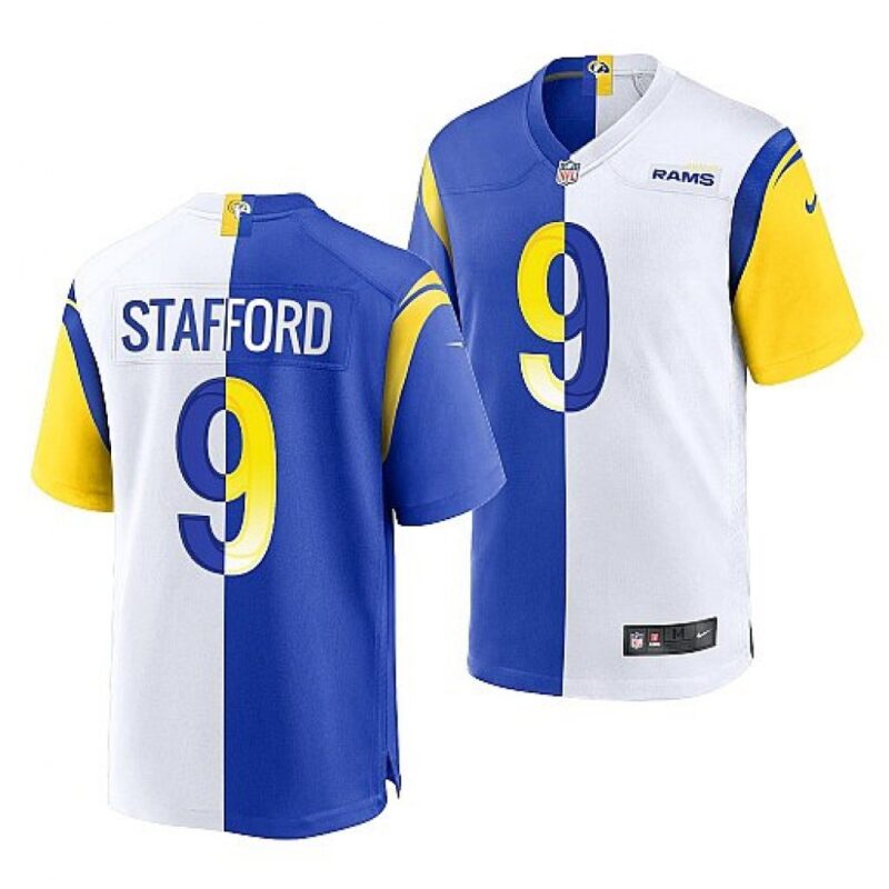 6861e1029719f_1 Men's Los Angeles Rams #9 Matthew Stafford Royal/White Split Stitched Football Jersey