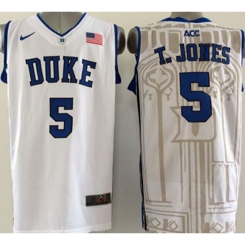 6861e1395fdb8_1 Blue Devils #5 Tyus Jones White Basketball Stitched NCAA Jersey