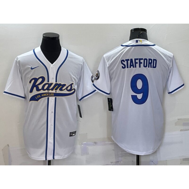 6861e1c3d2718_1 Men's Los Angeles Rams #9 Matthew Stafford White With Patch Cool Base Stitched Baseball Jersey